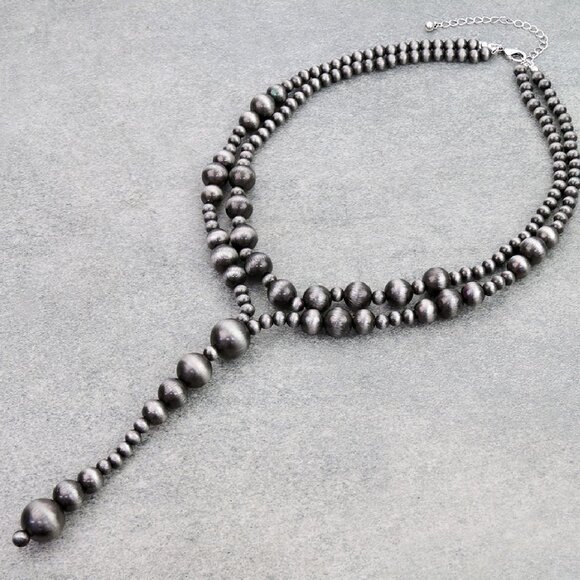 Western Coastal Cowgirl Beaded Silver Southwestern Navajo Style Pearl Y Necklace - Picture 2 of 3